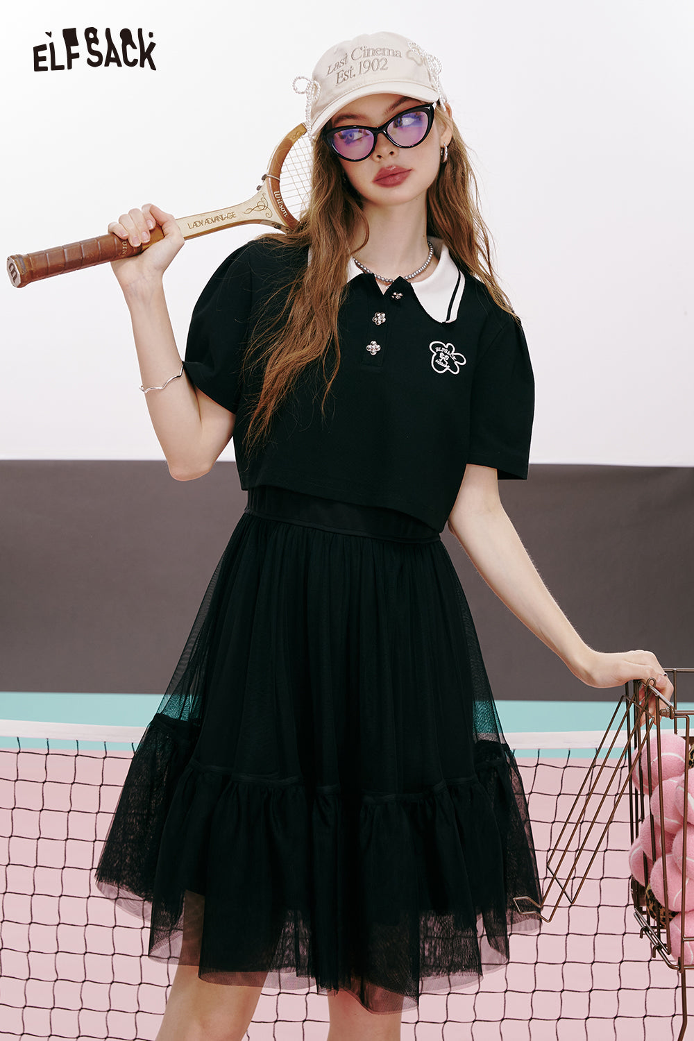 ELFSACK College style suit collar black temperament age-reducing casual T-shirt suspender dress two-piece suit