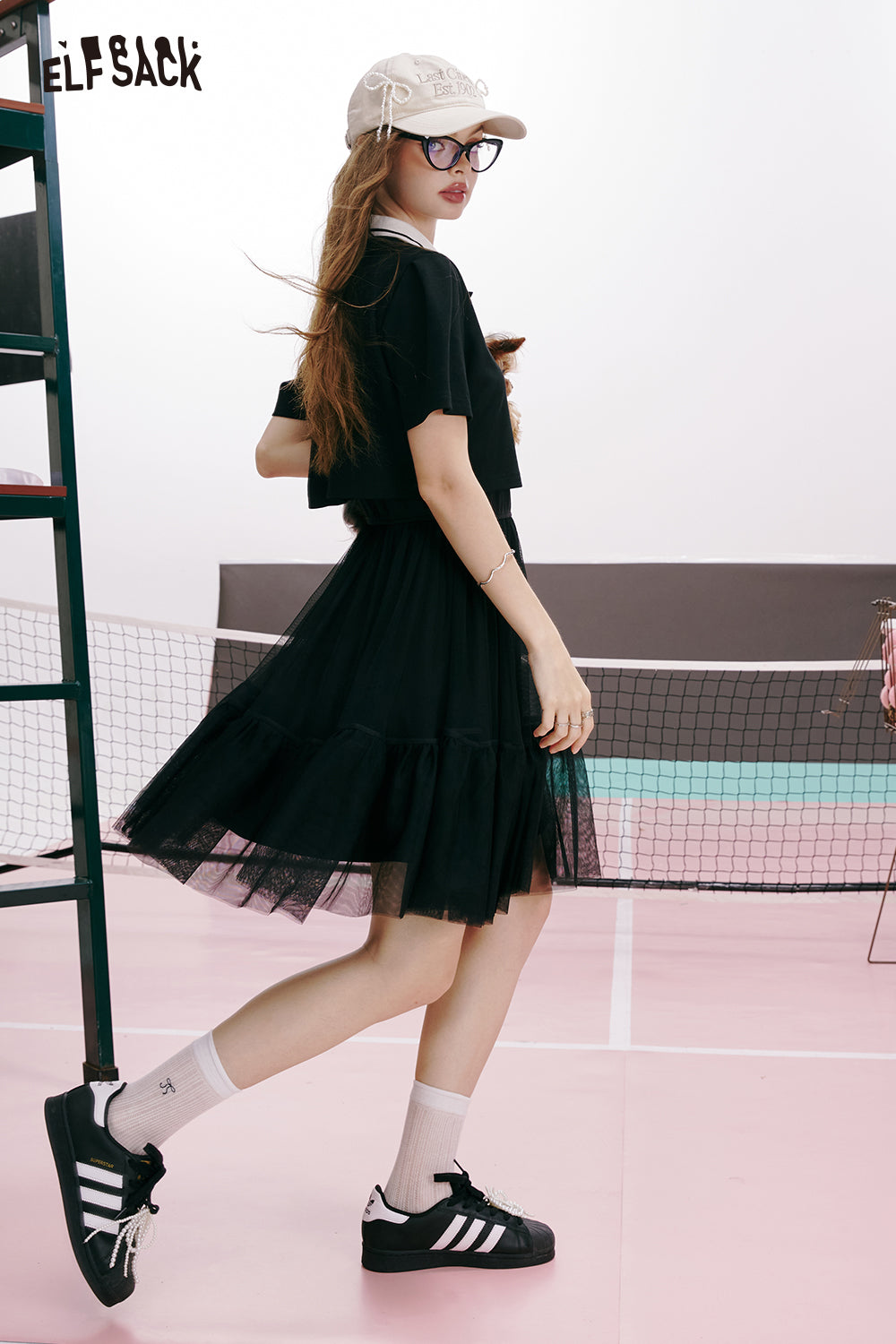 ELFSACK College style suit collar black temperament age-reducing casual T-shirt suspender dress two-piece suit