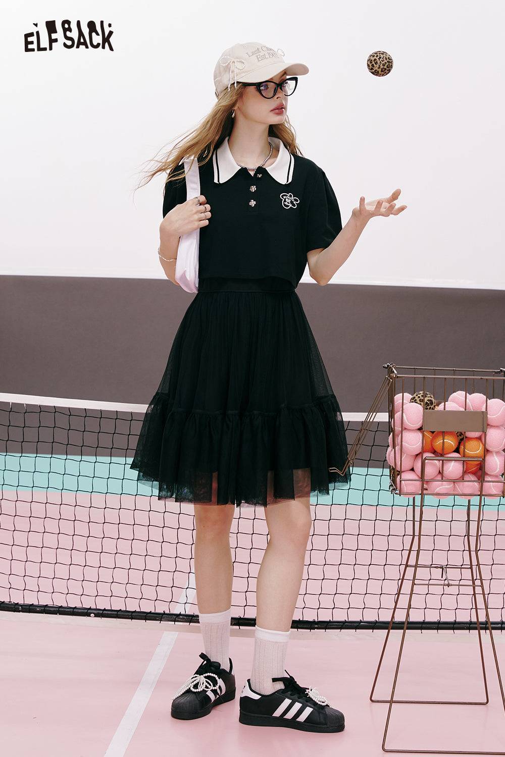 ELFSACK College style suit collar black temperament age-reducing casual T-shirt suspender dress two-piece suit