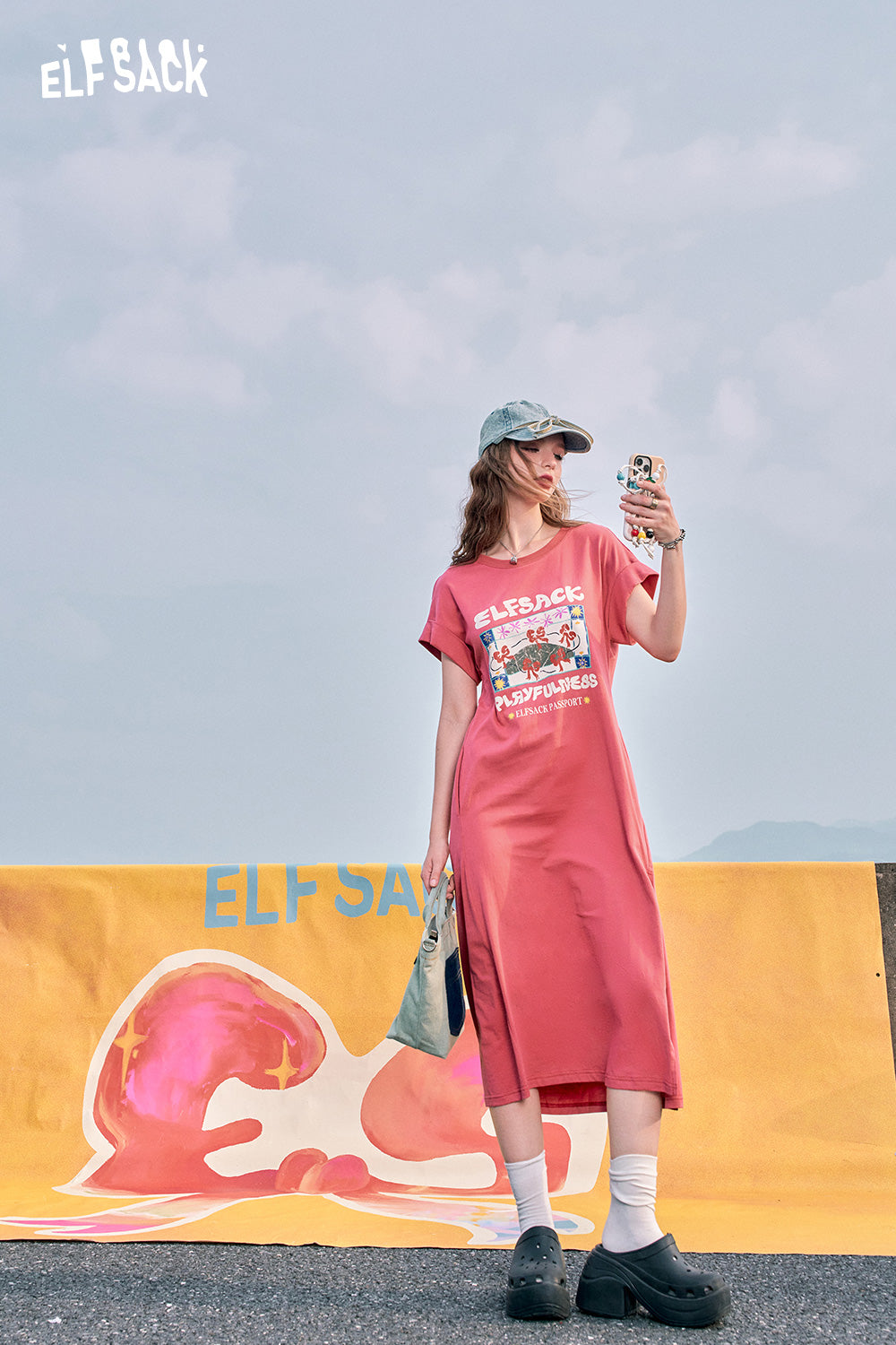 ELFSACK Blue slit casual bow print petite slim T-shirt dress