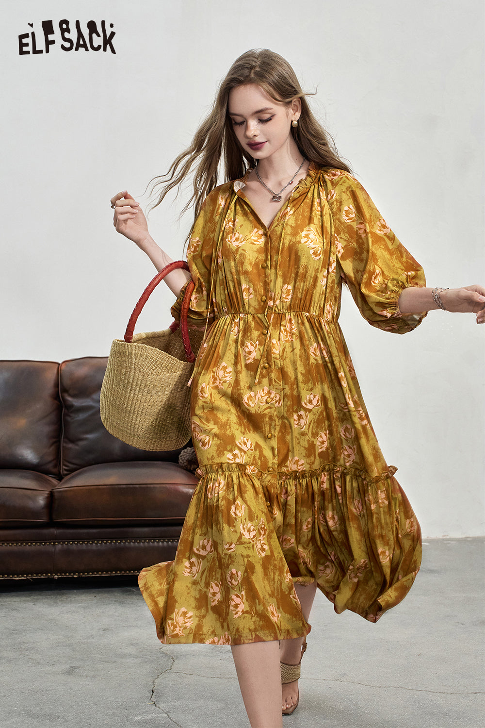 ELFSACK Ruffle V-neck floral dress Temperament vacation style dress