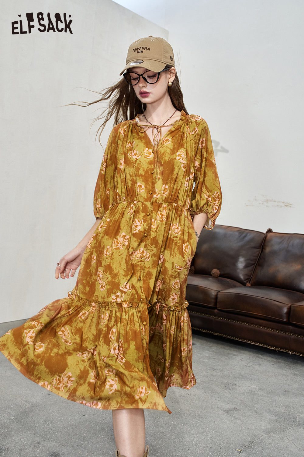 ELFSACK Ruffle V-neck floral dress Temperament vacation style dress
