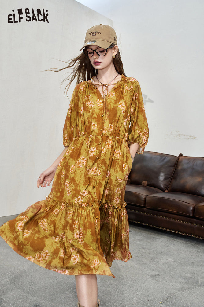 
                  
                    ELFSACK 2024 Summer New Arrivals Ruffle V-neck floral dress for women Temperament vacation style dress
                  
                