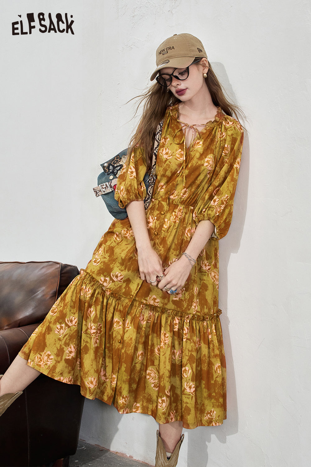 ELFSACK Ruffle V-neck floral dress Temperament vacation style dress