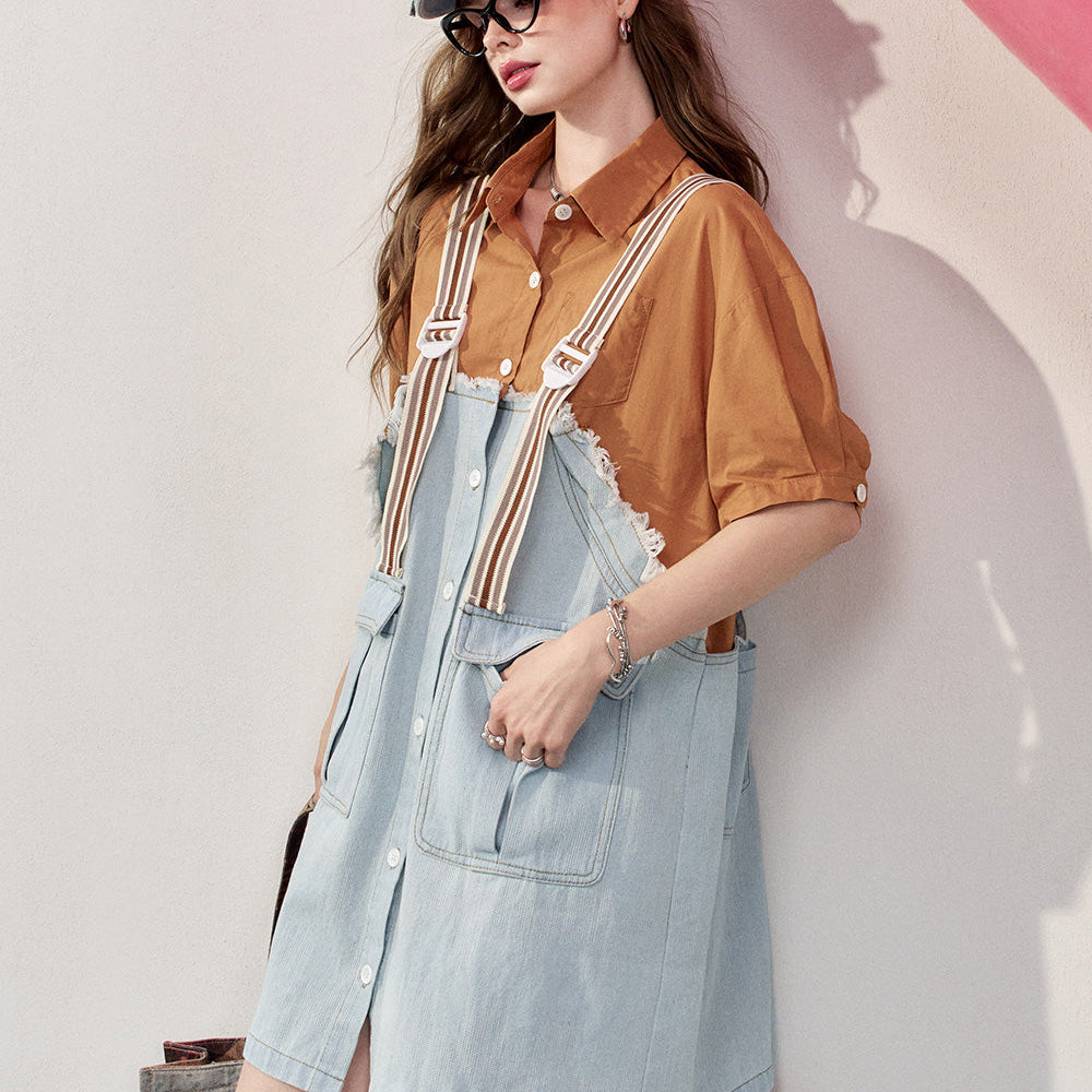 2024 Summer ELFSACK New Arrivals Fake two-piece short-sleeved college style contrast color-reducing and slimming denim overalls dress for women