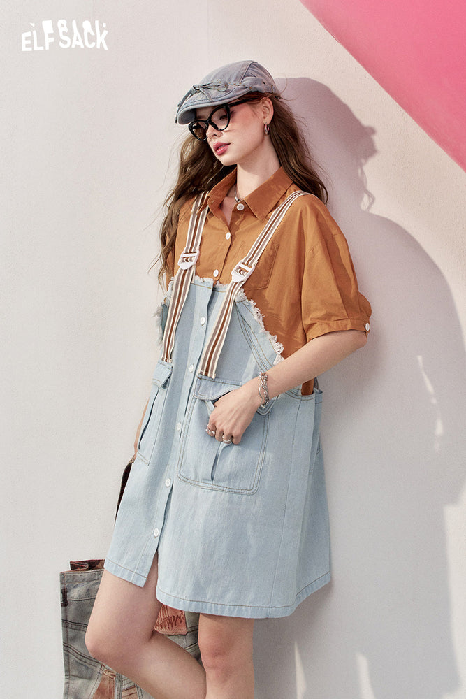 
                  
                    2024 Summer ELFSACK New Arrivals Fake two-piece short-sleeved college style contrast color-reducing and slimming denim overalls dress for women
                  
                