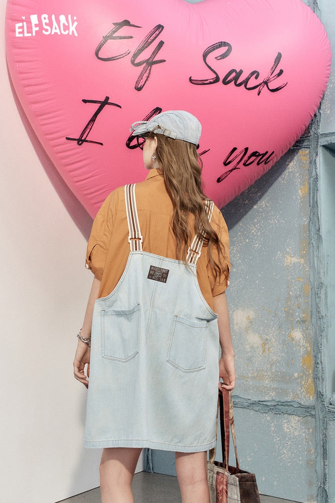 
                  
                    2024 Summer ELFSACK New Arrivals Fake two-piece short-sleeved college style contrast color-reducing and slimming denim overalls dress for women
                  
                