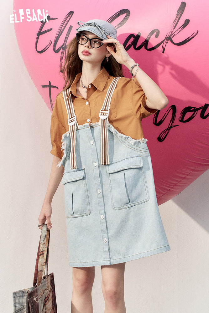 
                  
                    2024 Summer ELFSACK New Arrivals Fake two-piece short-sleeved college style contrast color-reducing and slimming denim overalls dress for women
                  
                