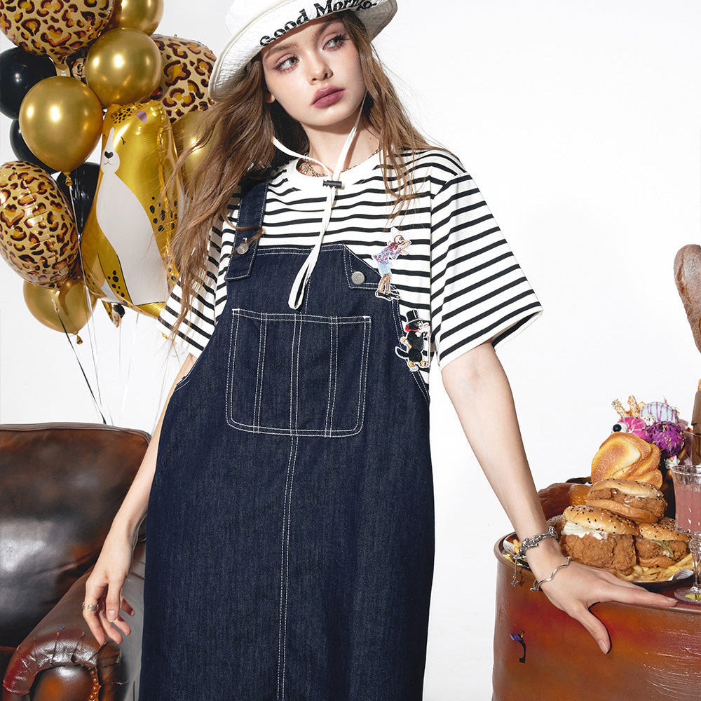 
                  
                    2024 Summer ELFSACK New Arrivals Fake two-piece striped patchwork short-sleeved small-sized age-reducing T-shirt denim suspender dress for women
                  
                