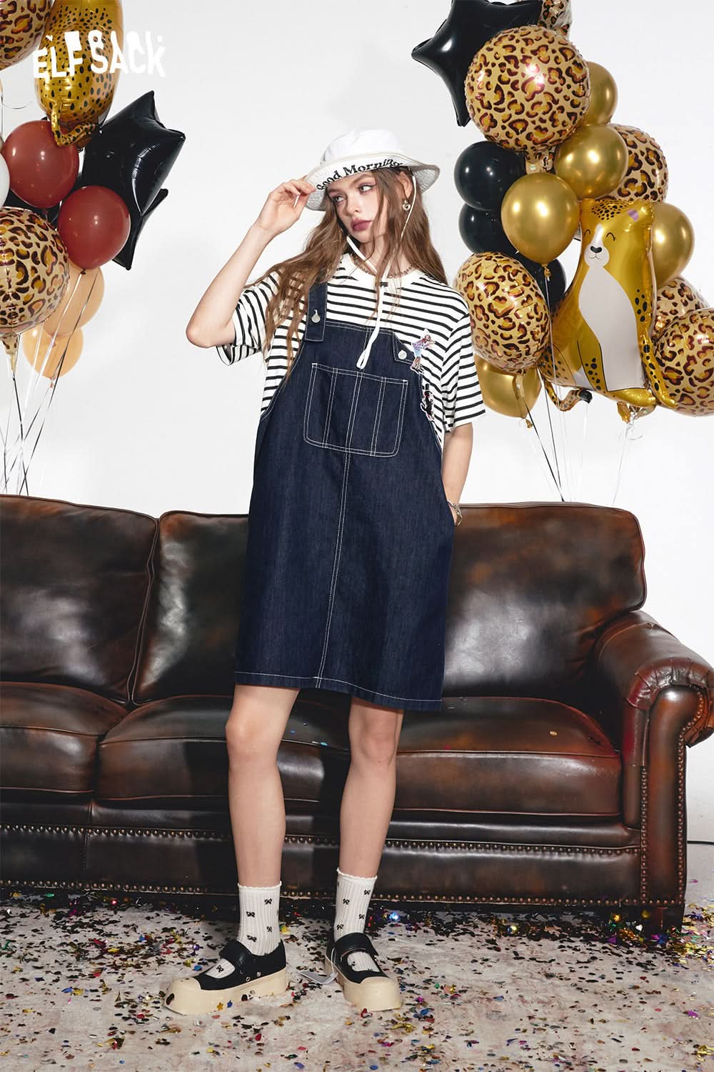 ELFSACK Fake two-piece striped patchwork short-sleeved small-sized age-reducing T-shirt denim suspender dress