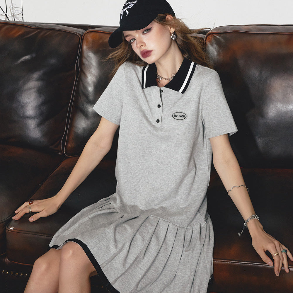 2024 Summer ELFSACK New Arrivals Grey Polo Collar College Style Casual Pleated T-shirt Dress for Women