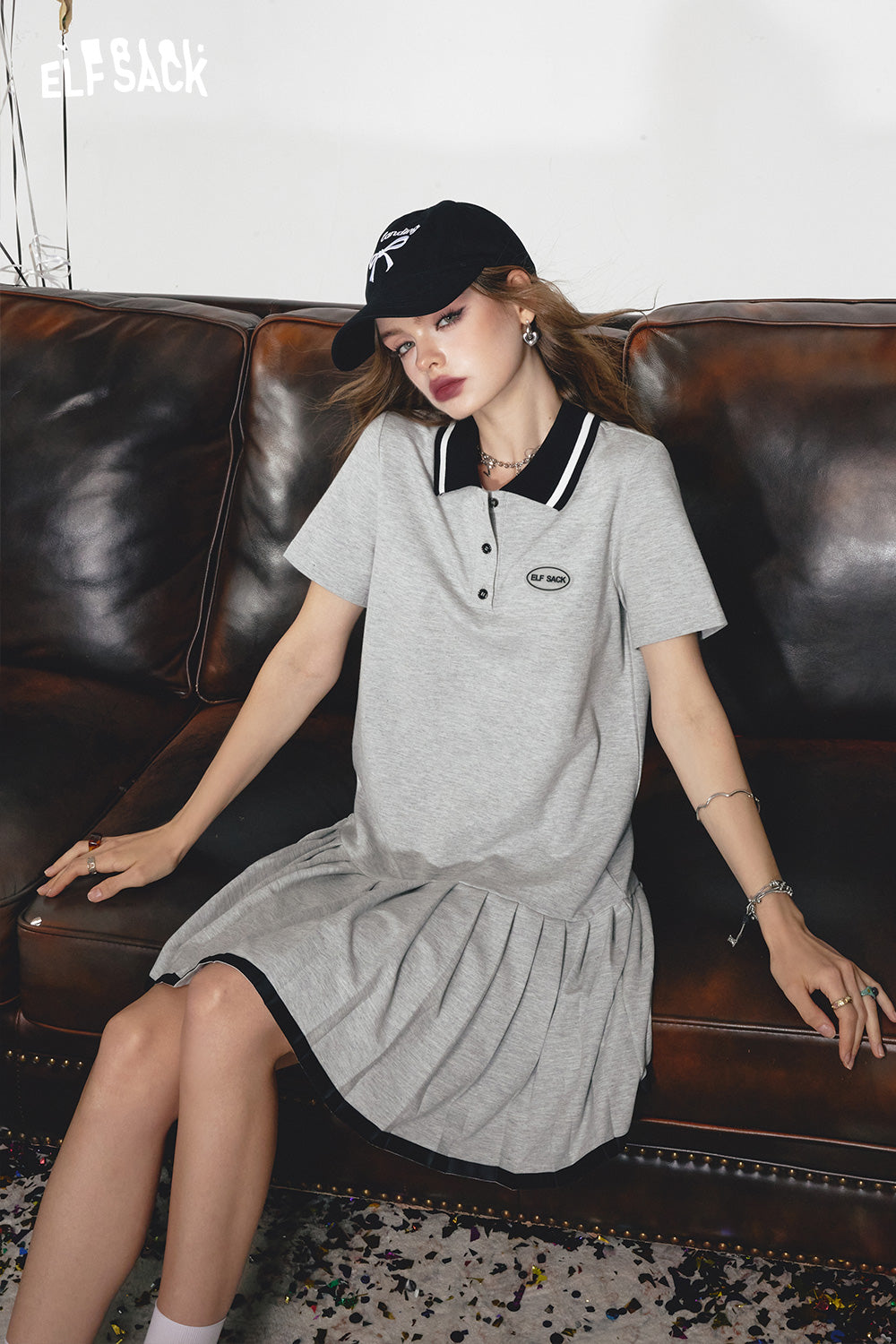 2024 Summer ELFSACK New Arrivals Grey Polo Collar College Style Casual Pleated T-shirt Dress for Women