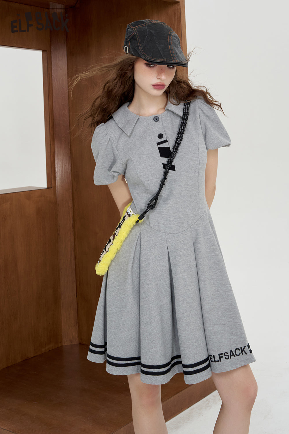 ELFSACK 2024 Summer New Arrivals College style Polo collar bubble sleeve short sleeved dress for women's casual dress