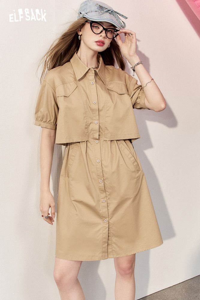 
                  
                    2024 Summer ELFSACK New Arrivals Khaki workwear style temperament waist slimming short-sleeved shirt dress for women
                  
                