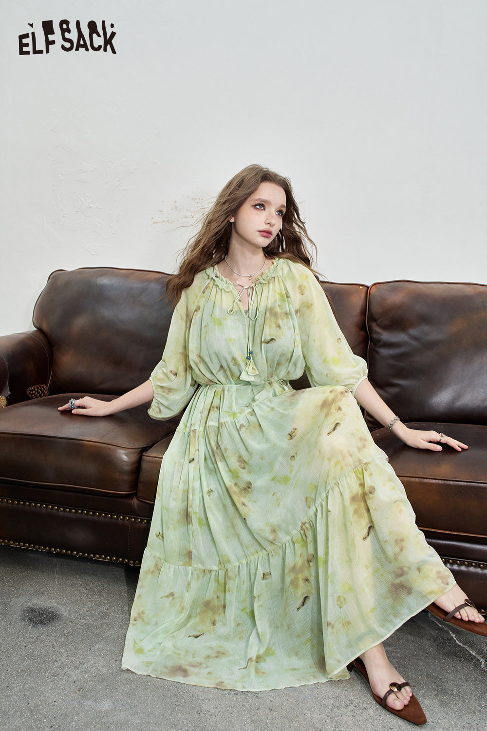 ELFSACK Ink printed dress with a waist cinching and elegant long dress