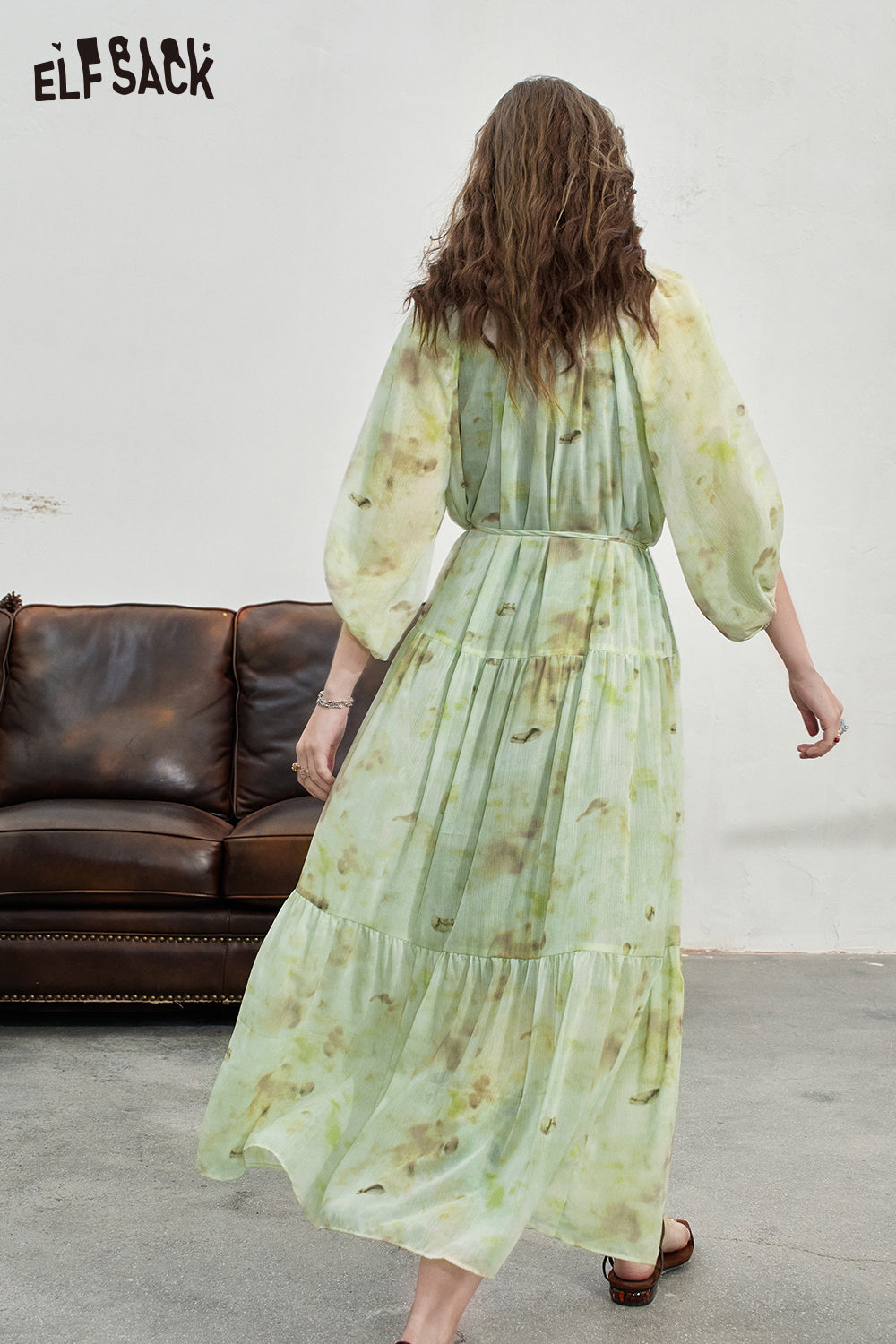 ELFSACK Ink printed dress with a waist cinching and elegant long dress