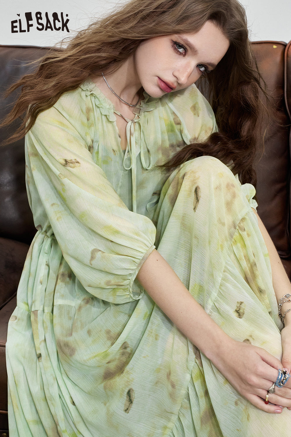ELFSACK Ink printed dress with a waist cinching and elegant long dress