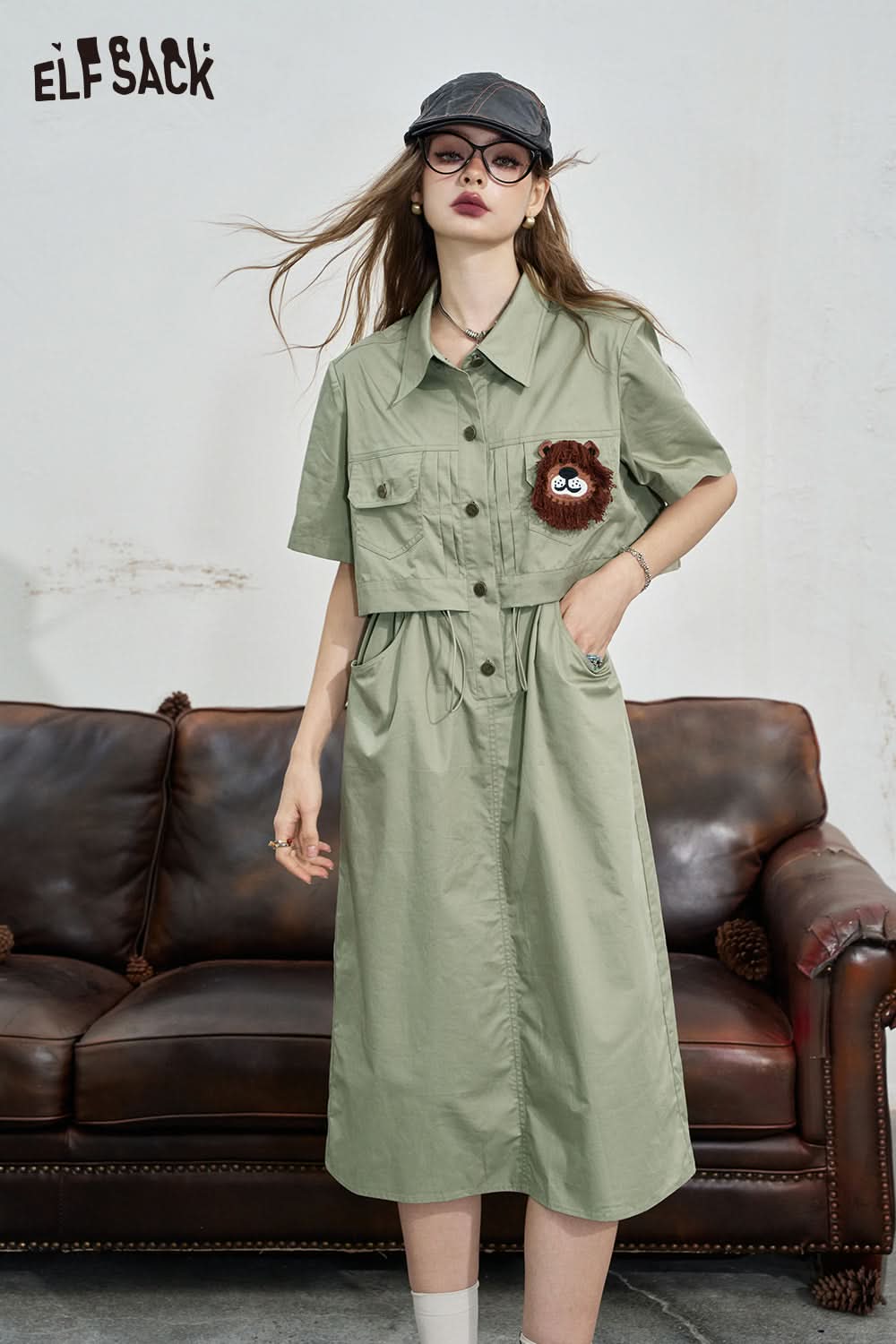 ELFSACK Work style shirt dress, women's casual waist cinched loose dress