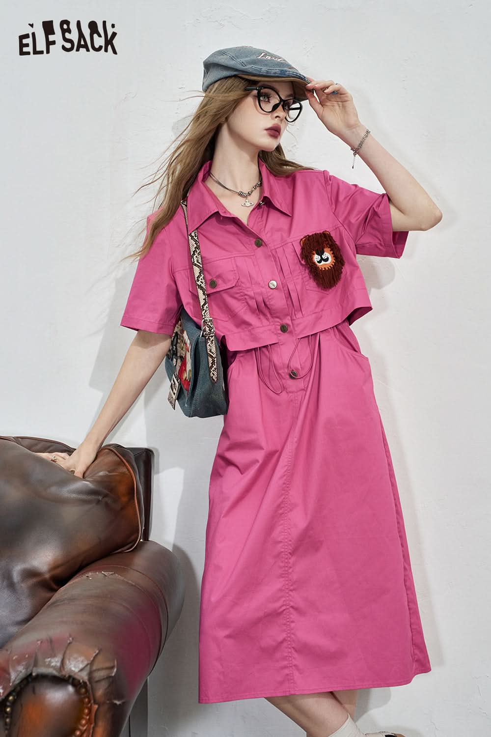 ELFSACK Work style shirt dress, women's casual waist cinched loose dress