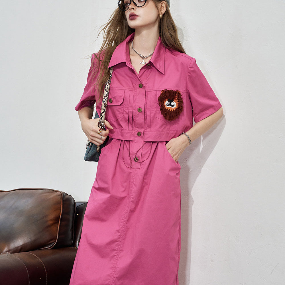 ELFSACK 2024 Summer New Arrivals Work style shirt dress, women's casual waist cinched loose dress