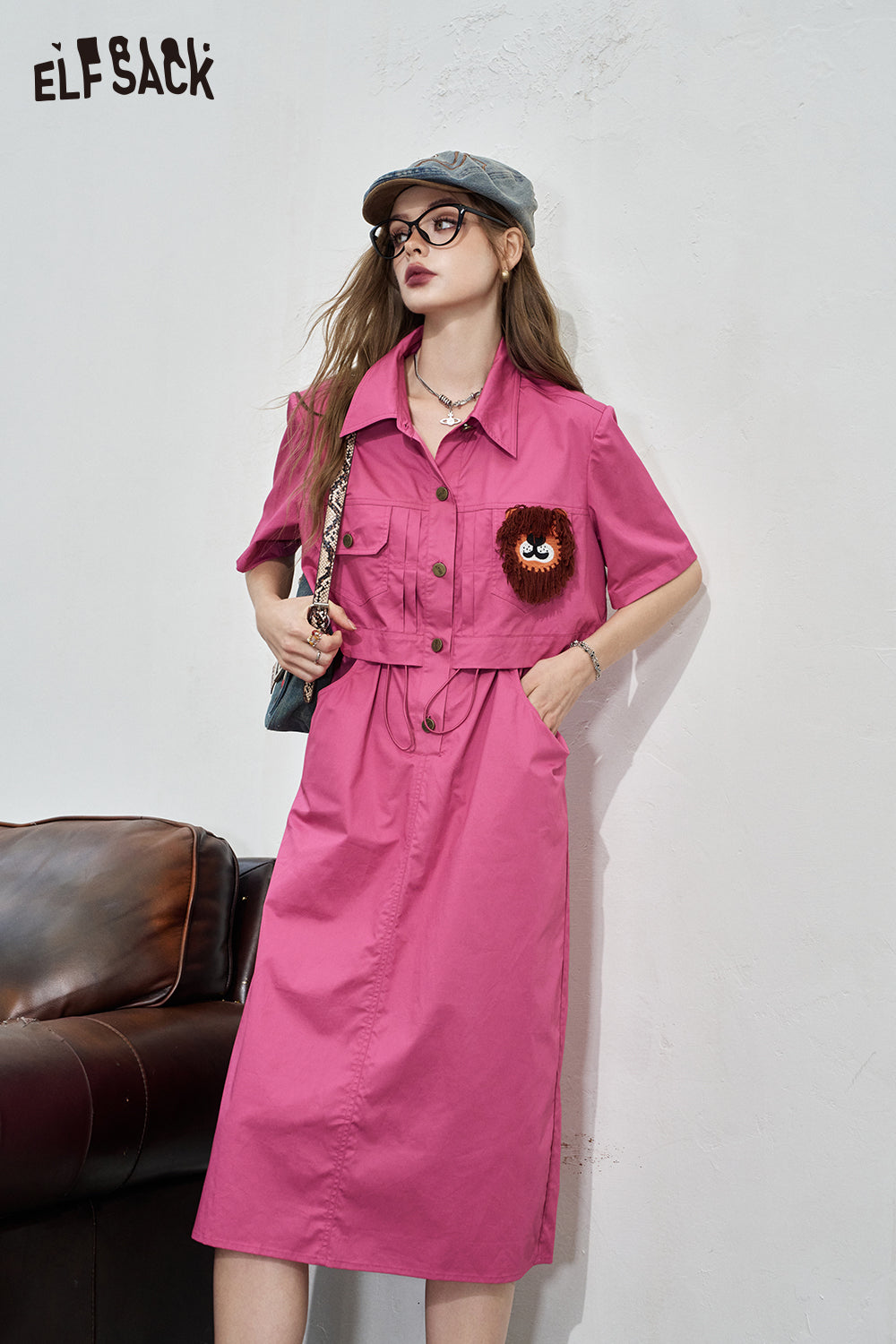 ELFSACK 2024 Summer New Arrivals Work style shirt dress, women's casual waist cinched loose dress