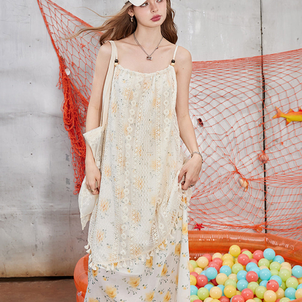 ELFSACK 2024 Summer New Arrivals Lace floral camisole dress with irregular temperament for women, vacation style dress