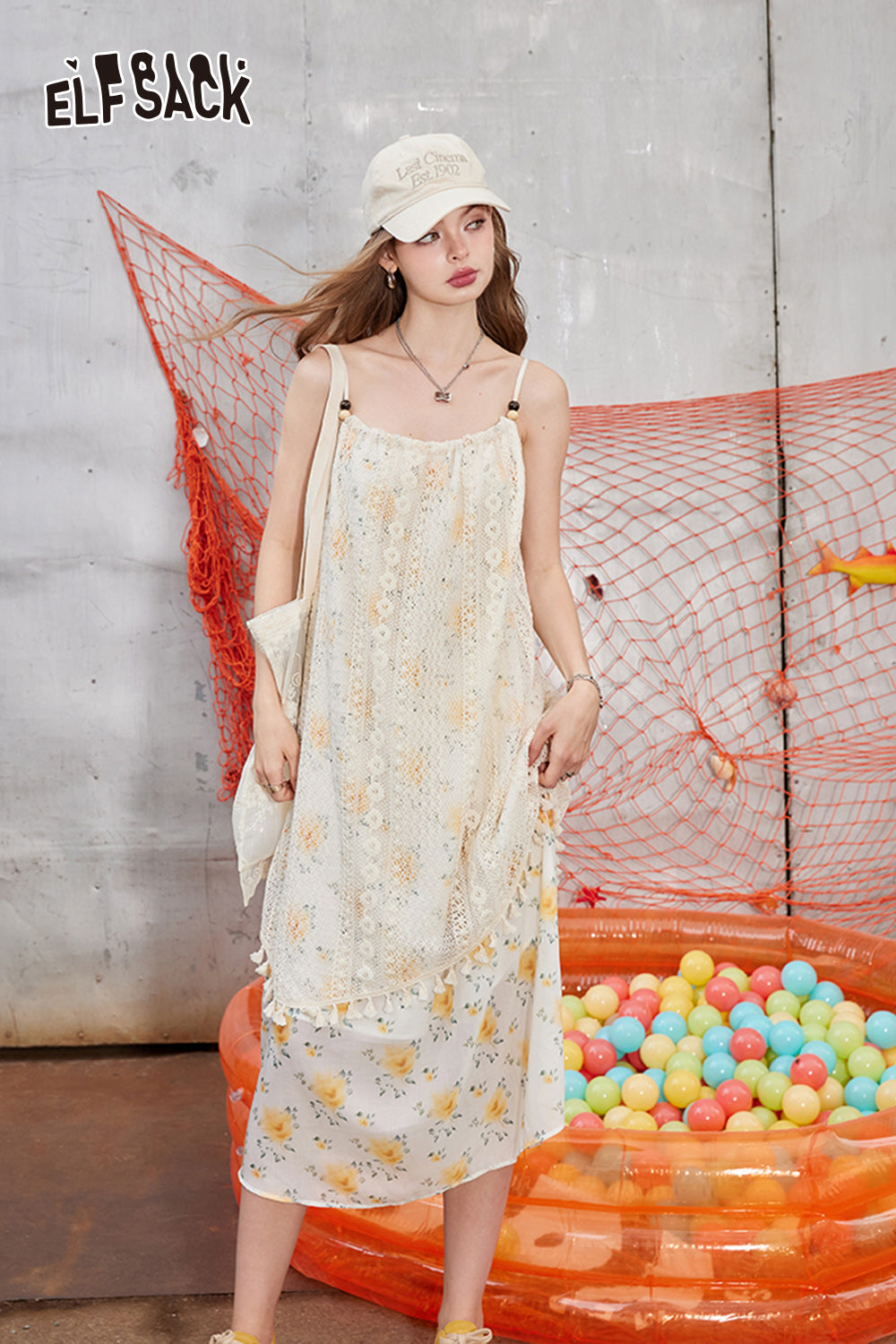 ELFSACK 2024 Summer New Arrivals Lace floral camisole dress with irregular temperament for women, vacation style dress