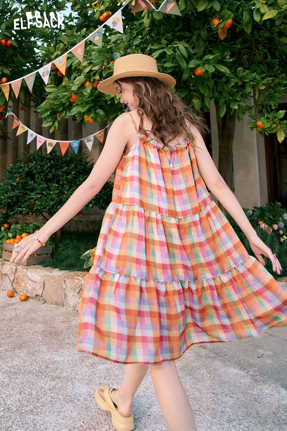 ELFSACK Colorful contrast plaid sling holiday style gentle lady dress