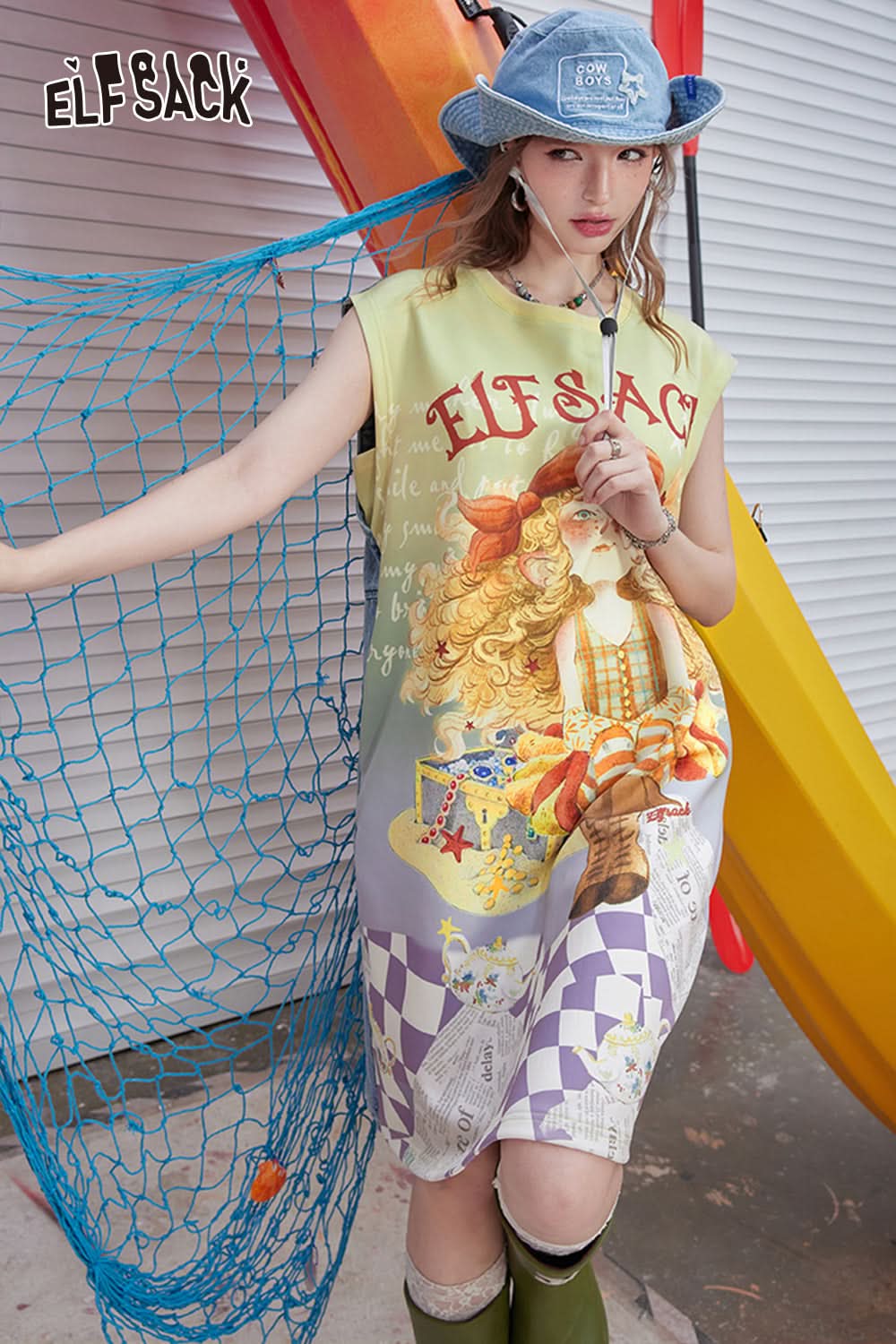 ELFSACK Cowboy patchwork printed sleeveless dress, women's casual vest, T-shirt, skirt