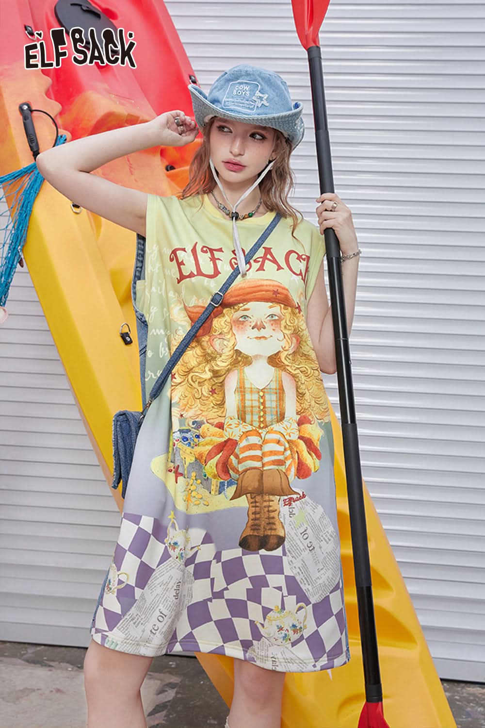 ELFSACK Cowboy patchwork printed sleeveless dress, women's casual vest, T-shirt, skirt