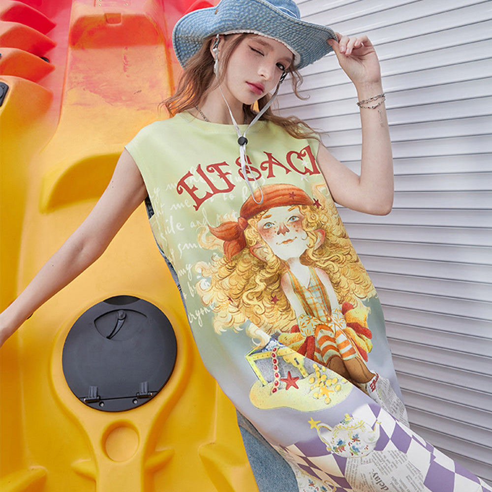 
                  
                    ELFSACK 2024 Summer New Arrivals Cowboy patchwork printed sleeveless dress, women's casual vest, T-shirt, skirt
                  
                