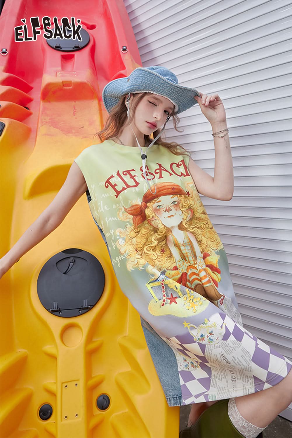 ELFSACK Cowboy patchwork printed sleeveless dress, women's casual vest, T-shirt, skirt