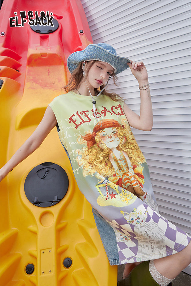 
                  
                    ELFSACK 2024 Summer New Arrivals Cowboy patchwork printed sleeveless dress, women's casual vest, T-shirt, skirt
                  
                