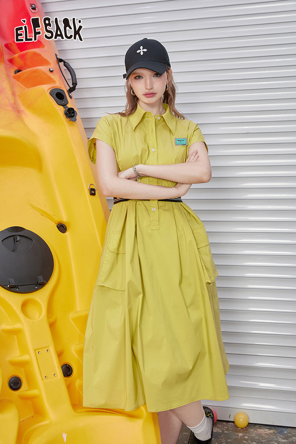 ELFSACK Work style waist cinched sleeveless dress with feminine temperament and casual A-line shirt skirt