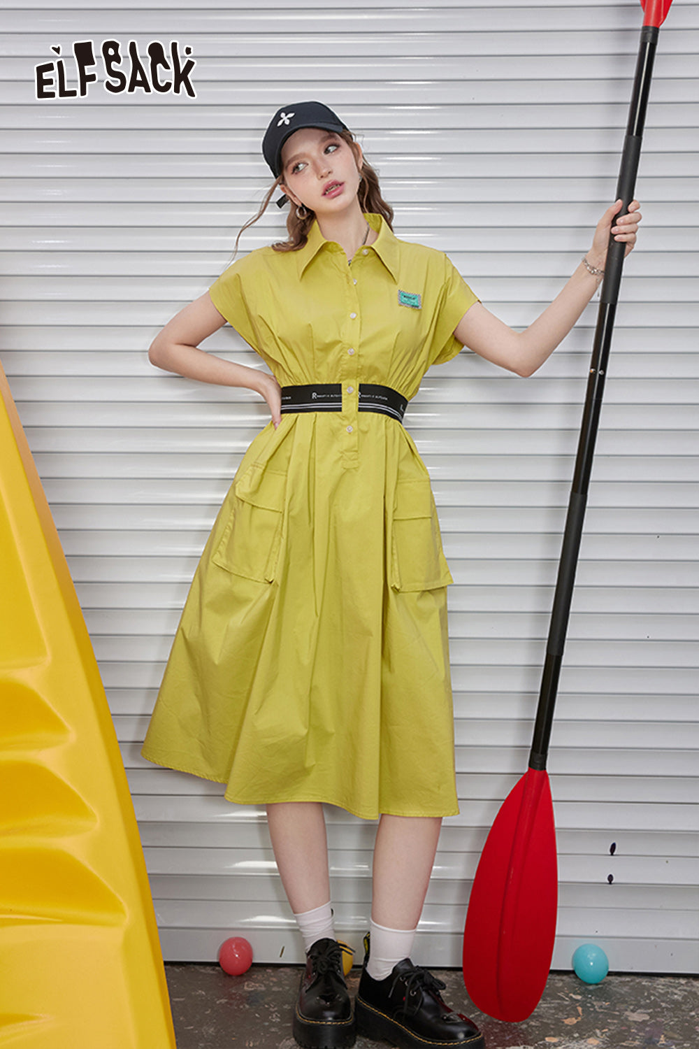 ELFSACK Work style waist cinched sleeveless dress with feminine temperament and casual A-line shirt skirt