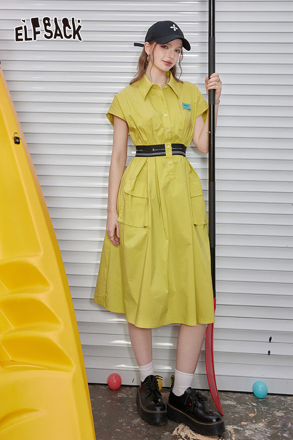 ELFSACK Work style waist cinched sleeveless dress with feminine temperament and casual A-line shirt skirt