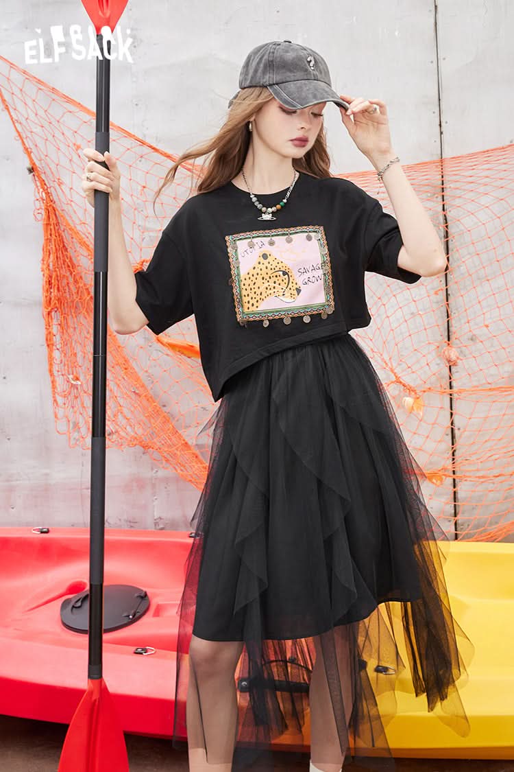 ELFSACK Black printed mesh tulle skirt T-shirt dress two-piece suit