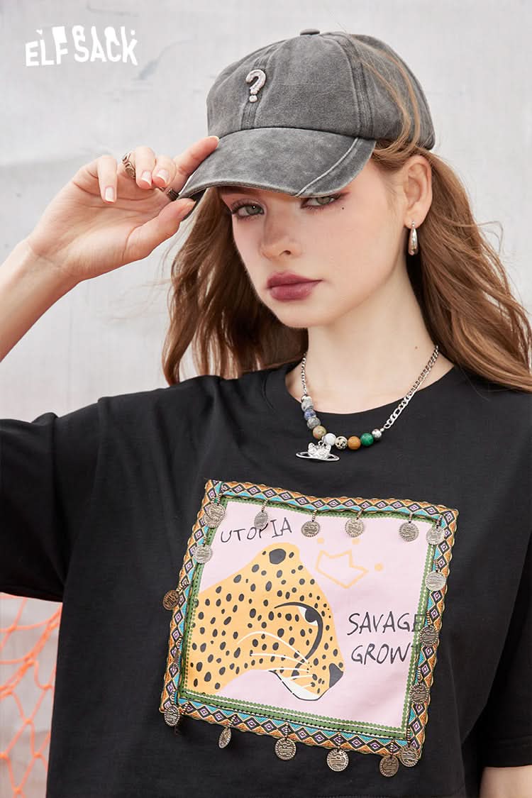 ELFSACK Black printed mesh tulle skirt T-shirt dress two-piece suit