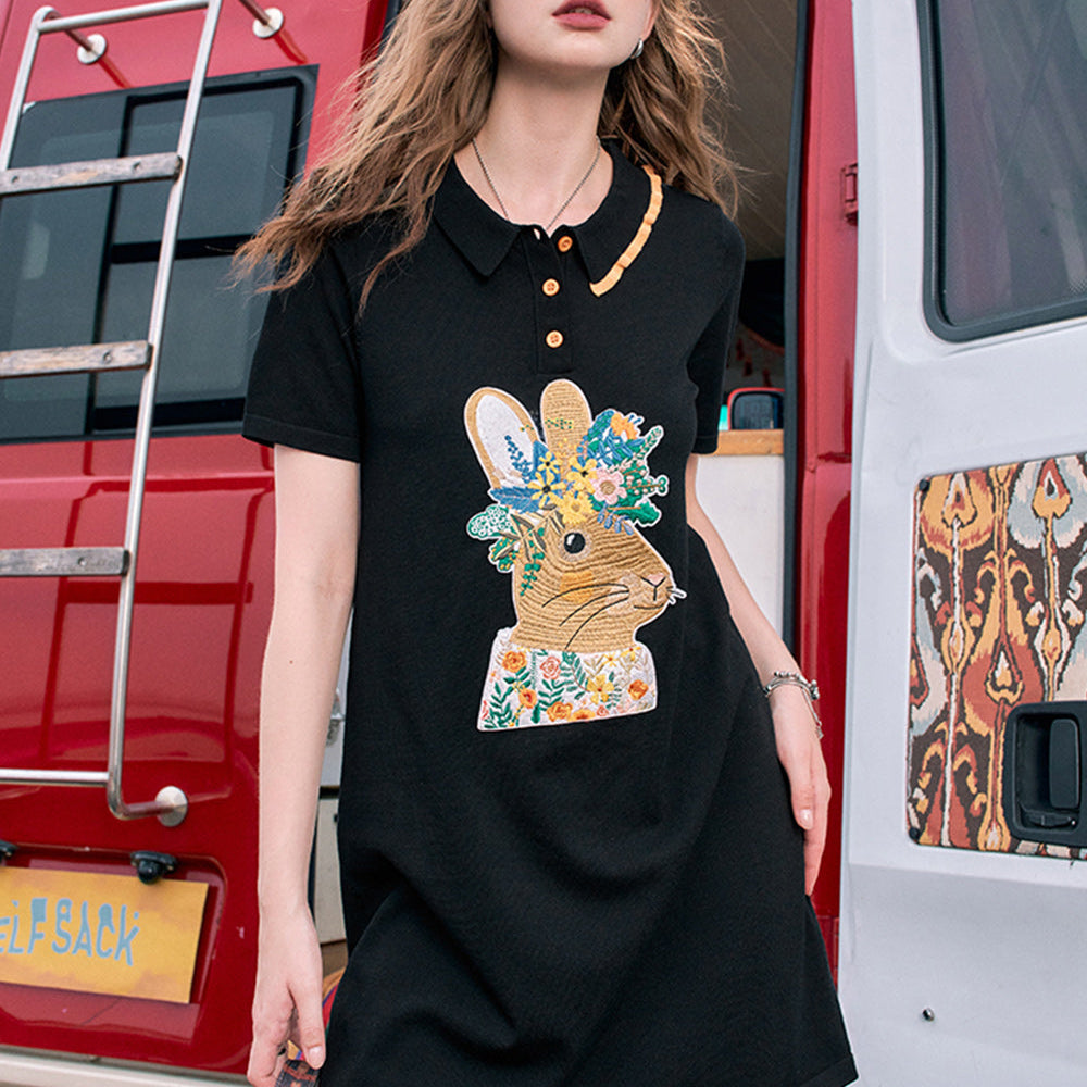 ELFSACK 2024 Summer New Arrivals Polo collar cute rabbit print t-shirt dress for women