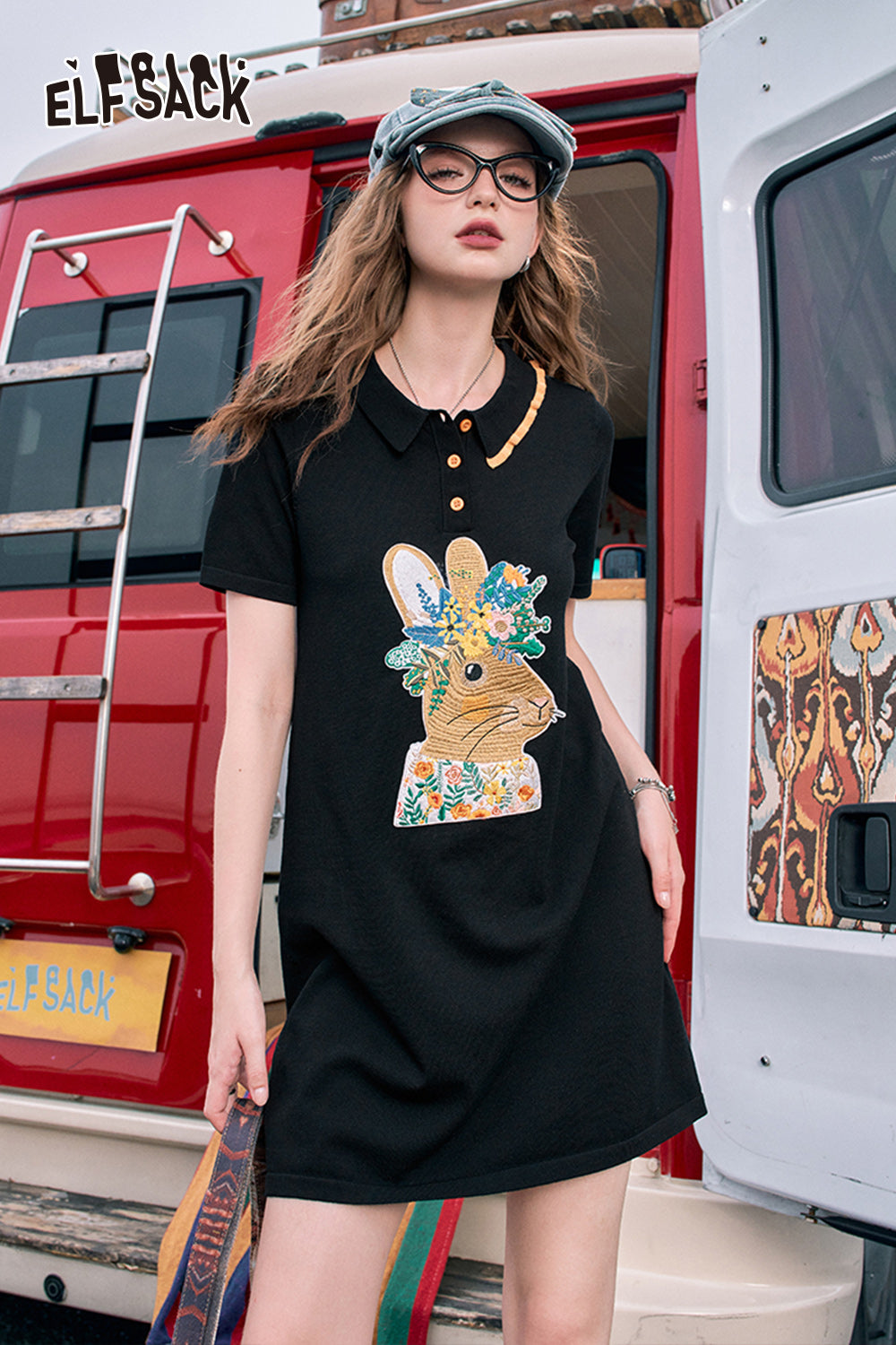 ELFSACK Polo collar cute rabbit print t-shirt dress