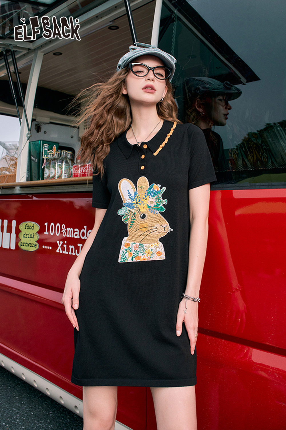 ELFSACK 2024 Summer New Arrivals Polo collar cute rabbit print t-shirt dress for women