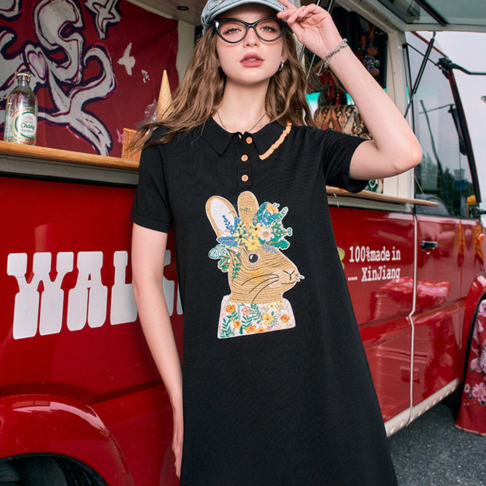 
                  
                    ELFSACK 2024 Summer New Arrivals Polo collar cute rabbit print t-shirt dress for women
                  
                