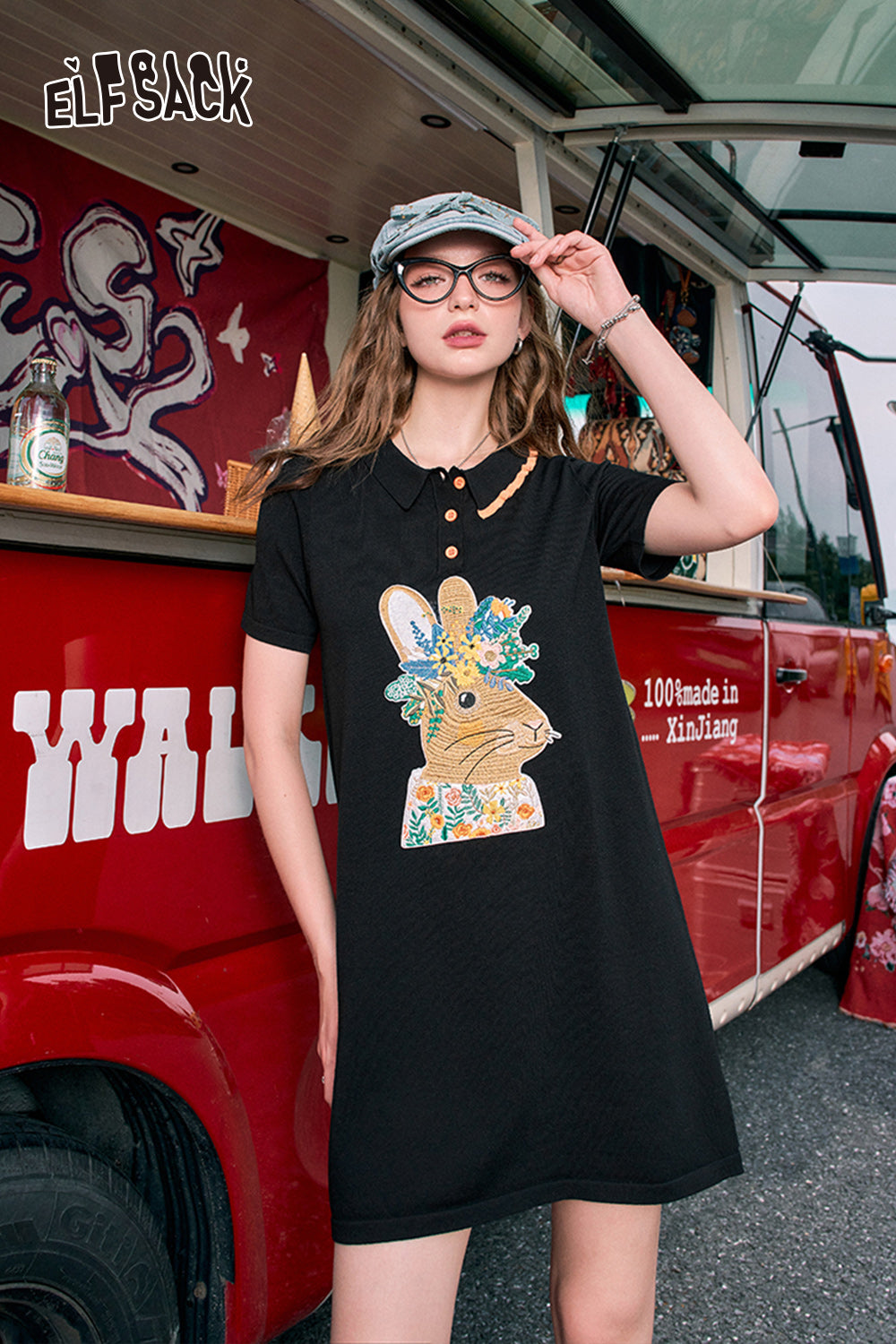 ELFSACK Polo collar cute rabbit print t-shirt dress