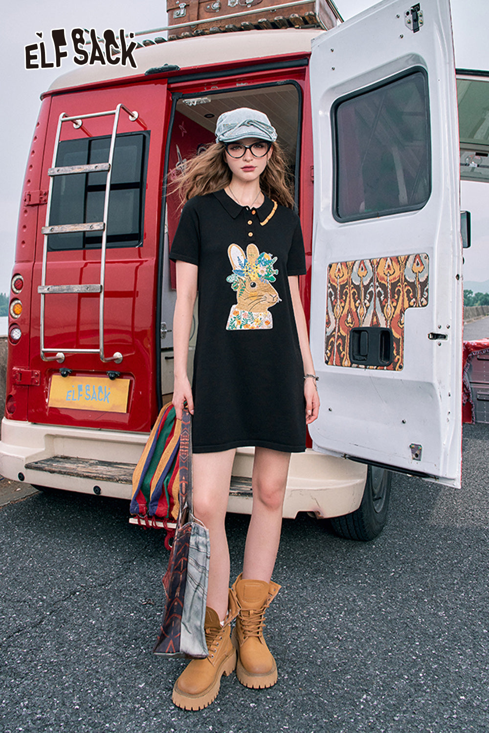 ELFSACK Polo collar cute rabbit print t-shirt dress