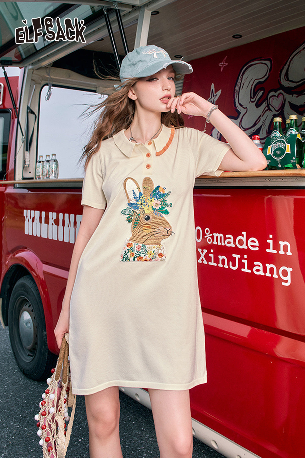 ELFSACK Polo collar cute rabbit print t-shirt dress