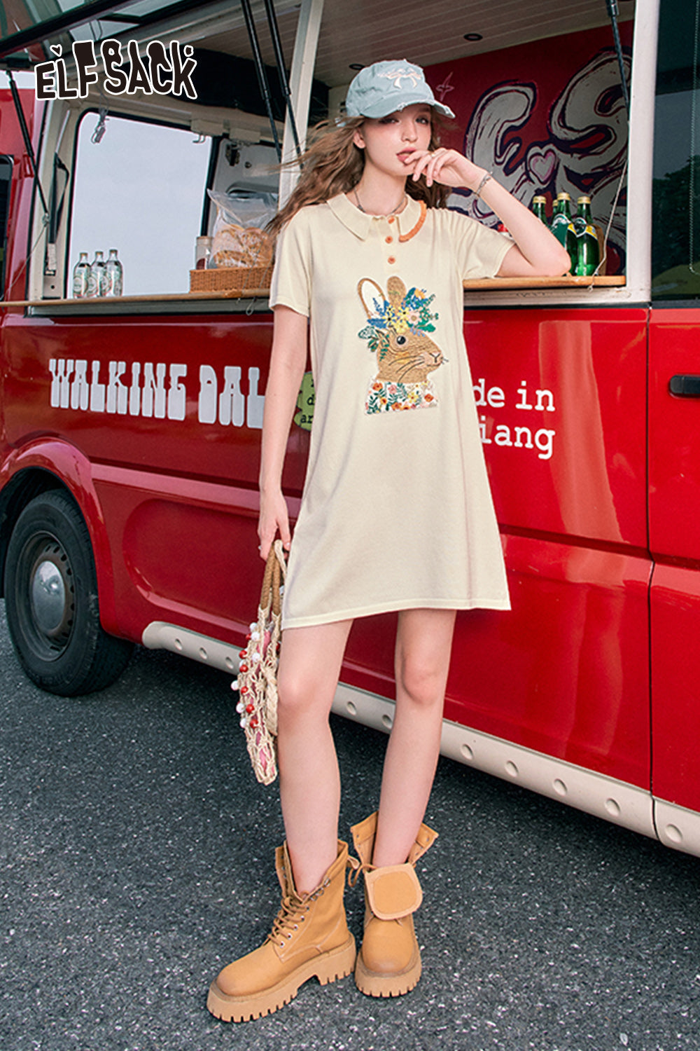 ELFSACK Polo collar cute rabbit print t-shirt dress