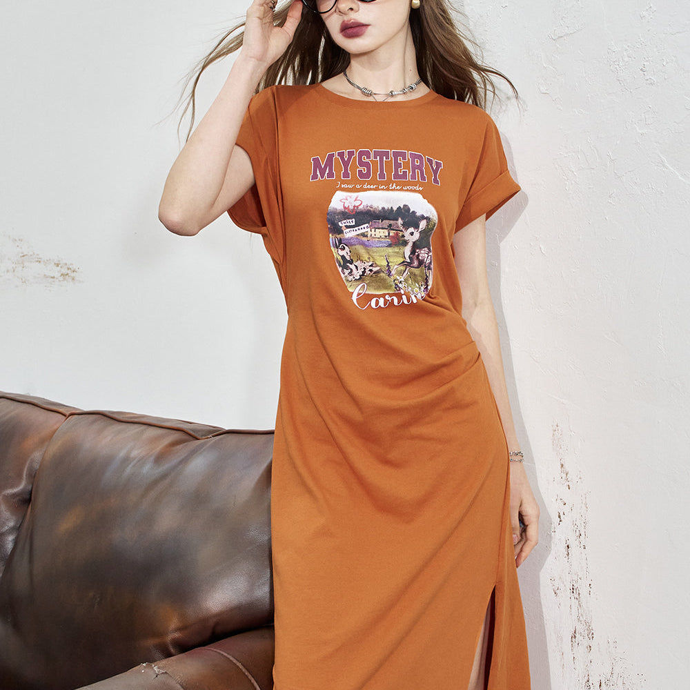 
                  
                    ELFSACK 2024 Summer New Arrivals Casual printed t-shirt dress for women Falling shoulder slit mid length skirt
                  
                