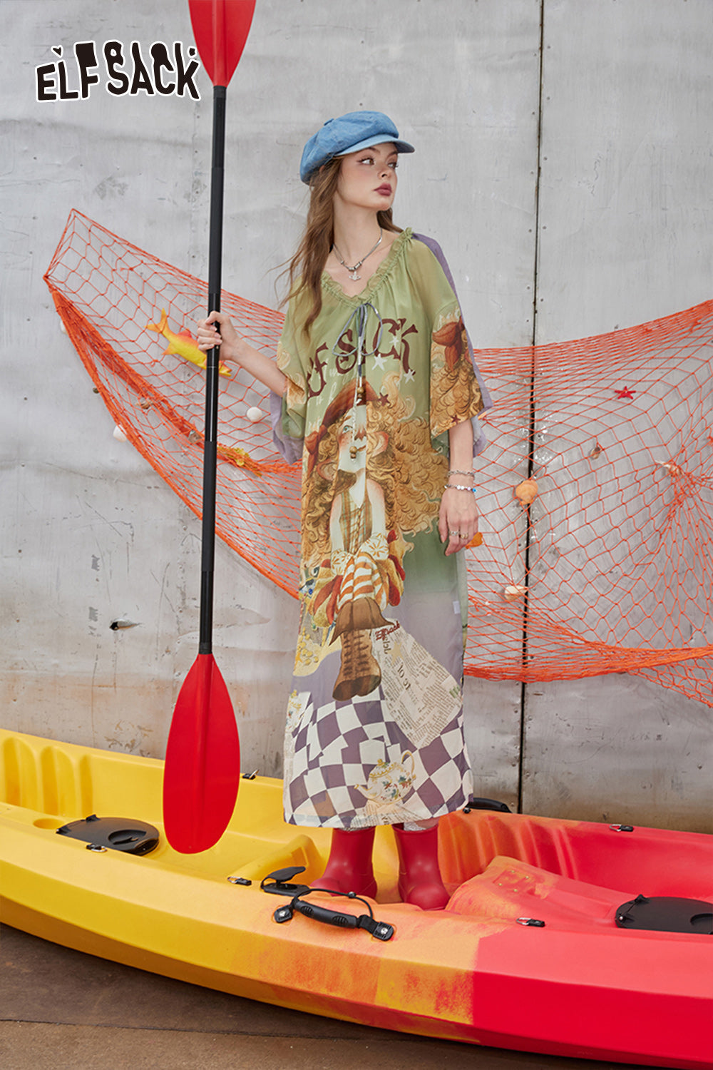 ELFSACK French V-neck printed chiffon dress with a casual design