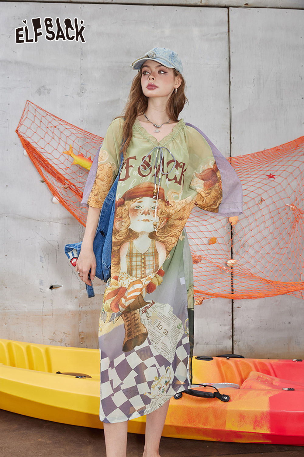 ELFSACK French V-neck printed chiffon dress with a casual design