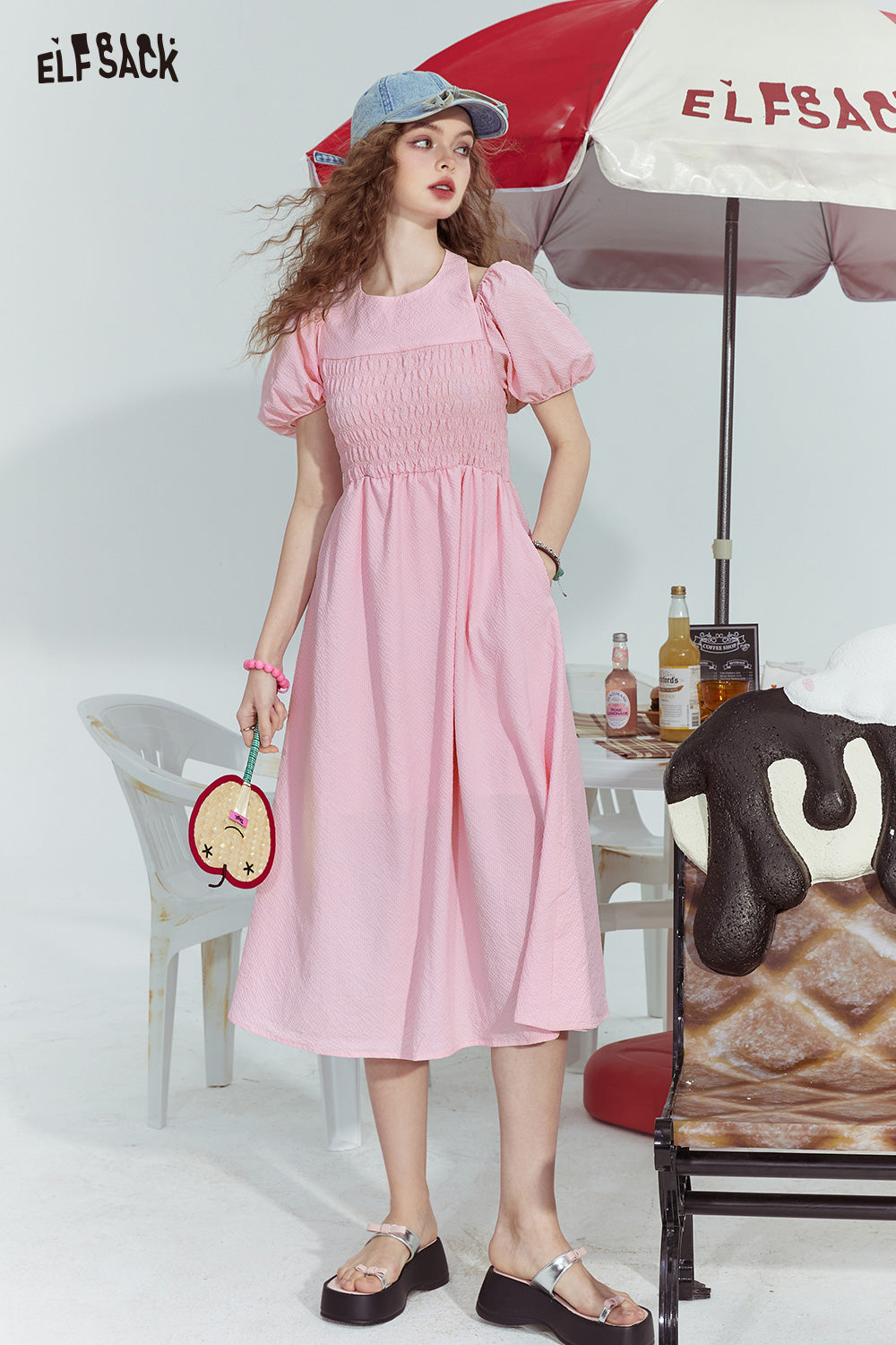 ELFSACK French style halterneck off-shoulder slim fit pleated sleeve dress for woman